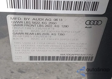 2014 Audi Q5 3.0T Premium Plus from USA, damaged, VIN WA1DGAFP5EA007352